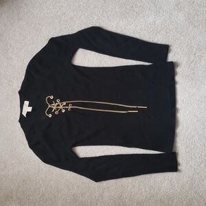Michael Kors Black V Neck Sweater with Gold Chain Detail, Size XS